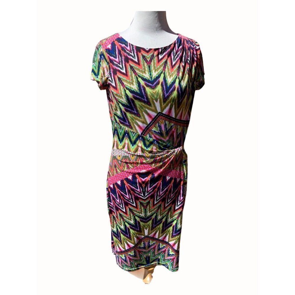 Ellen Tracy Colorful Short Cap Sleeve Mini Ruched Round neck lined dress size 6